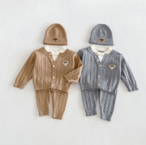 Autumn Infant Baby Kids Jacquard Long Sleeves Color Patchwork Sweater and Solid Color Pants Clothing Sets Wholesale