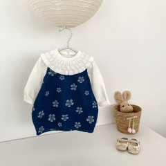 Autumn Infant Baby Kids Girls Long Sleeves Solid Color Top and Flowers Jacquard Dress Clothing Sets Wholesale