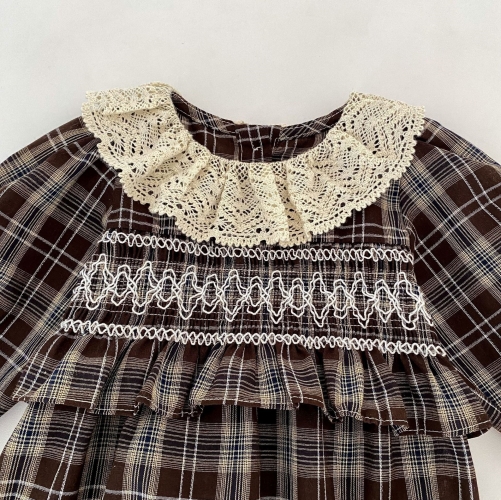 Spring and Autumn Infant Baby Girls Vintage Plaid Long Sleeves One Piece Dress Wholesale