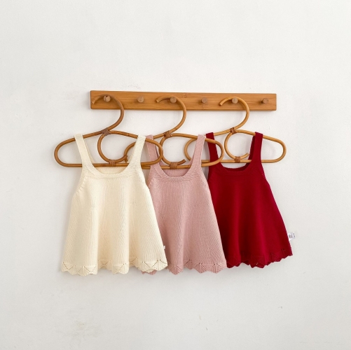 Spring and Autumn Infant Baby Girls Solid Color Sleeveless Hollow-out One Piece Dress Wholesale