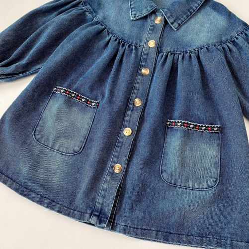 Spring and Autumn Infant Baby Girls Flowers Pattern Long Sleeves One Piece Denim Dress Wholesale