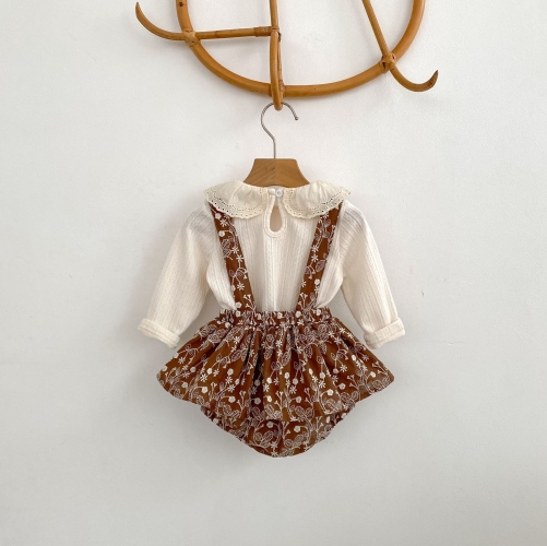 Autumn Infant Baby Kids Girls Long Sleeves Flowers Embroidered Collar Top and Vintage Overalls Clothing Sets Wholesale