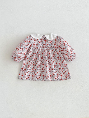 Spring and Autumn Infant Baby Girls Floral Pattern Long Sleeves Color Patchwork Dress Wholesale