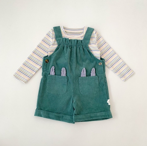 Autumn Infant Baby Kids Long Sleeves Striped Top and Green Overalls Clothing Sets Wholesale Autumn Infant Baby Kids Long Sleeves Striped Top and Green Overalls Clothing Sets Wholesale
