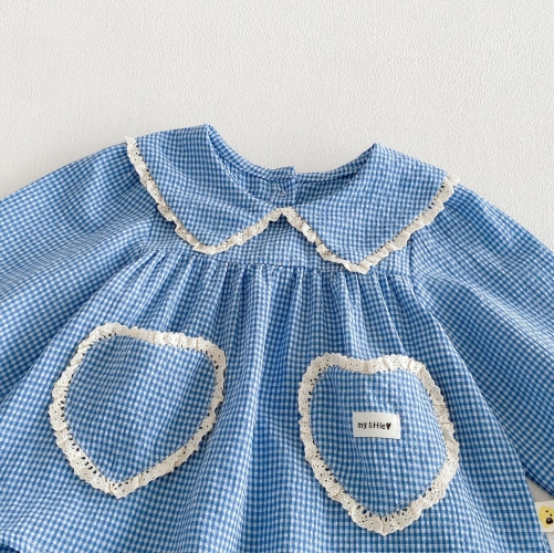 Spring and Autumn Infant Baby Girls Long Sleeves Hearts Pattern Plaid Dress Wholesale