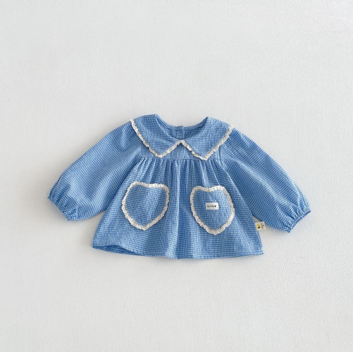 Spring and Autumn Infant Baby Girls Long Sleeves Hearts Pattern Plaid Dress Wholesale