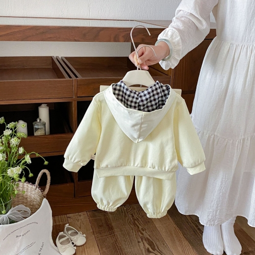 Autumn Infant Baby Kids Girls Long Sleeves Cartoon Hooded Zip-up Coat and Color Patchwork Pants Clothing Sets Wholesale