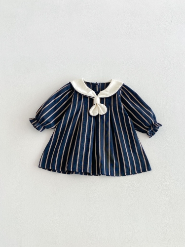 Spring and Autumn Infant Baby Girls Preppy Striped Long Sleeves Dress Wholesale