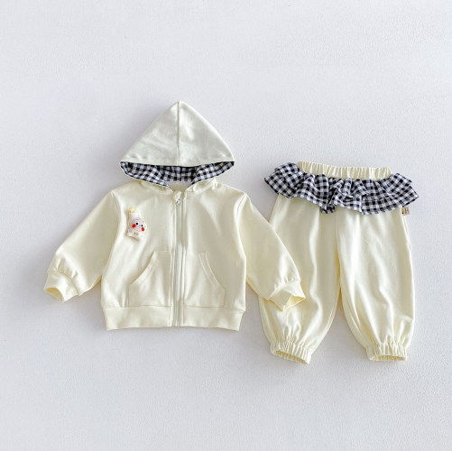 Autumn Infant Baby Kids Girls Long Sleeves Cartoon Hooded Zip-up Coat and Color Patchwork Pants Clothing Sets Wholesale