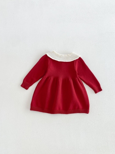 Winter and Autumn Infant Baby Girls Color Patchwork Collar Long Sleeves Knitted Dress Wholesale