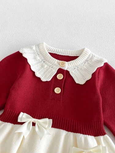 Winter and Autumn Infant Baby Girls Color Patchwork Collar Long Sleeves Knitted Dress Wholesale