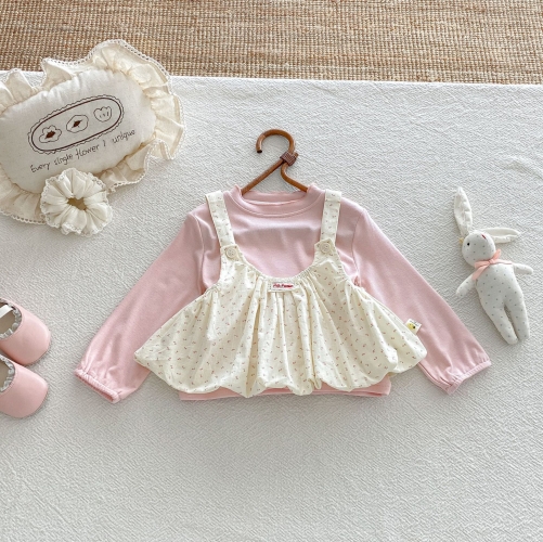 Autumn Infant Baby Kids Girls Long Sleeves Pink Top and Floral Strap Dress Clothing Sets Wholesale
