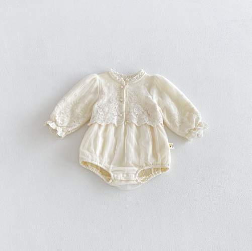Spring and Autumn Infant Baby Girls Solid Color Long Sleeves One Piece Embroidered Onesies Wholesale