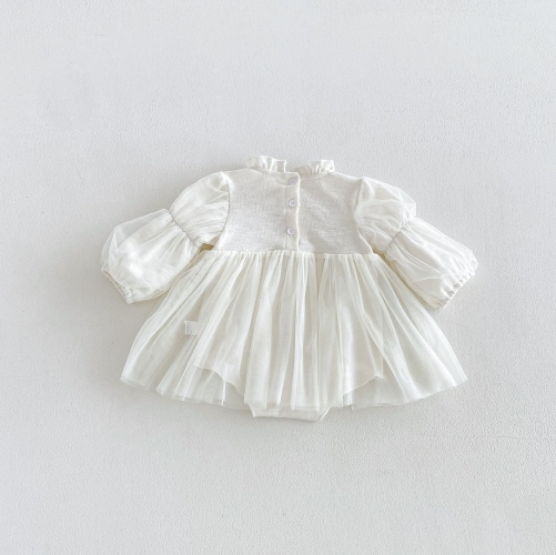 Spring and Autumn Infant Baby Girls Solid Color Long Sleeves One Piece Lace Trim Embroidered Onesies Dress Wholesale