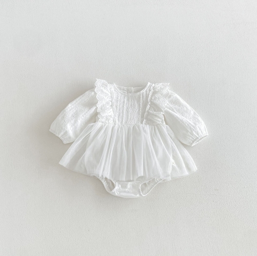 Spring and Autumn Infant Baby Girls Solid Color Long Sleeves One Piece Embroidered Onesies Dress Wholesale
