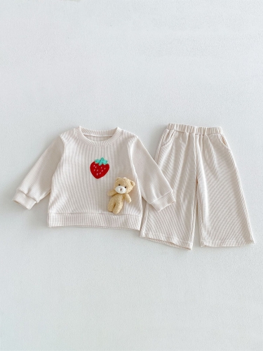 Autumn Infant Baby Kids Girls Long Sleeves Strawberry Pattern Top and Plain Pants Clothing Sets Wholesale