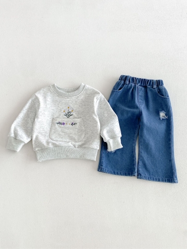 Autumn Infant Baby Kids Girls Long Sleeves Flowers Pattern Pullover and Jeans Clothing Sets Wholesale