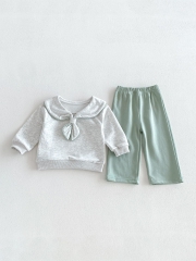 Autumn Infant Baby Kids Girls Long Sleeves Grey Navy Collar Pullover and Green Pants Clothing Sets Wholesale