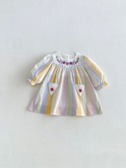 Spring and Autumn Infant Baby Girls Long Sleeves Flowers and Striped Pattern Dress Wholesale