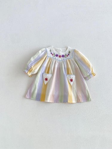 Spring and Autumn Infant Baby Girls Long Sleeves Flowers and Striped Pattern Dress Wholesale