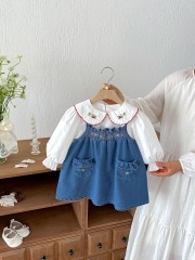 Autumn Infant Baby Kids Girls Long Sleeves Flowers Embroidered Collar Shirt and Sleeveless Denim Dress Clothing Sets Wholesale