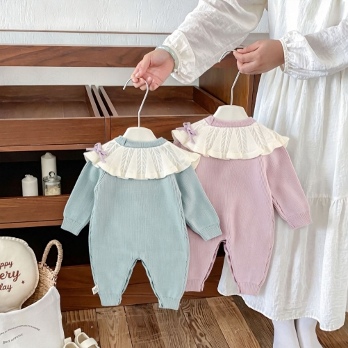 Spring and Autumn Infant Baby Girls Cute Color Patchwork Collar Long Sleeve Knitted One Piece Rompers Wholesale