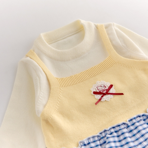 Autumn Infant Baby Kids Girls Color Patchwork Long Sleeves Pullover and Pants Knitted Clothing Sets Wholesale