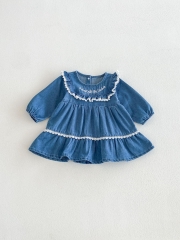 Spring and Autumn Infant Baby Girls Long Sleeves Flowers Embroidered Denim Dress Wholesale