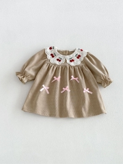 Spring and Autumn Infant Baby Girls Long Sleeves Cherry Pattern Collar Dress Wholesale