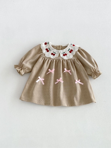 Spring and Autumn Infant Baby Girls Long Sleeves Cherry Pattern Collar Dress Wholesale