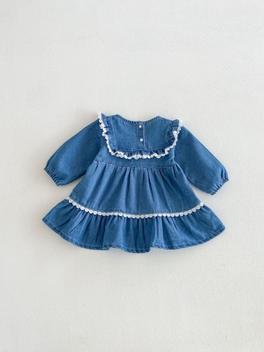 Spring and Autumn Infant Baby Girls Long Sleeves Flowers Embroidered Denim Dress Wholesale