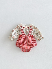 Autumn Infant Baby Girls Floral Long Sleeves Top and Striped Overalls Clothing Sets Wholesale