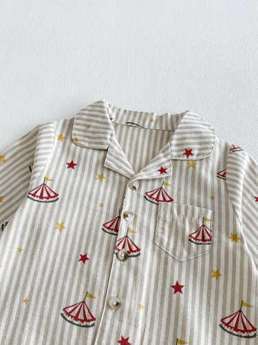 Autumn Infant Baby Kids Long Sleeves Striped Pattern Single Breasted Shirt and Pants Pajamas Clothing Sets Wholesale