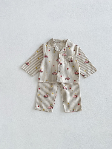 Autumn Infant Baby Kids Long Sleeves Striped Pattern Single Breasted Shirt and Pants Pajamas Clothing Sets Wholesale