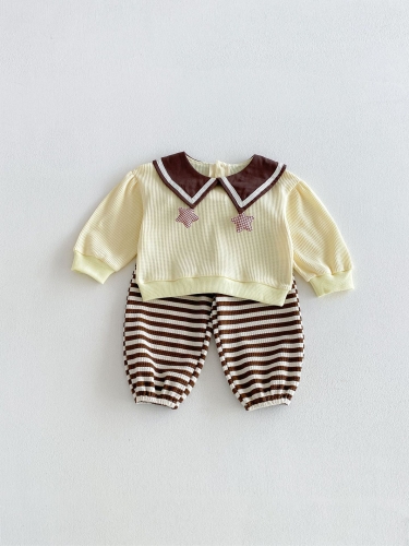 Autumn Infant Baby Kids Girls Long Sleeves Star Collar Pullover and Striped Pants Clothing Sets Wholesale