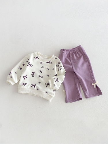 Autumn Infant Baby Kids Girls Long Sleeves Butterfly-bows Pattern Pullover and Pants Clothing Sets Wholesale