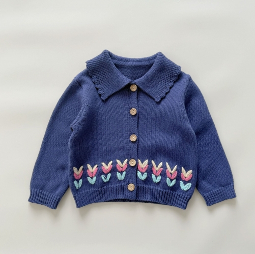 New Arrival Spring and Autumn Infant Baby Kids Girls Long Sleeves Flowers Pattern Knitted Cardigan Wholesale