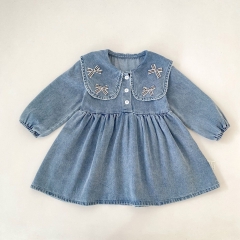 Spring and Autumn Infant Baby Girls Long Sleeves Butterfly-bows Decorated Denim Dress Wholesale