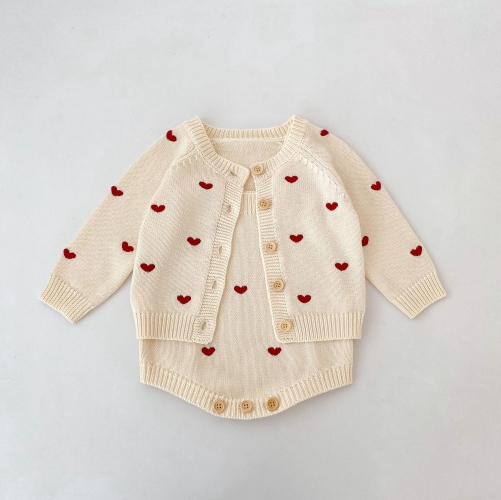 Winter Infant Baby Kids Girls Hearts Pattern Long Sleeves Cardigan and Sleeveless Onesies Knitted Clothing Sets Wholesale