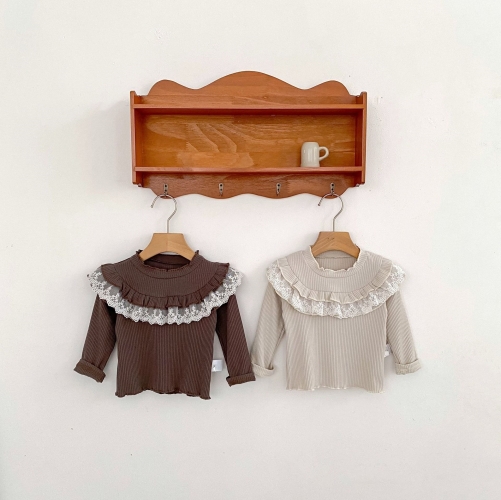 New Arrival Spring and Autumn Infant Baby Kids Girls Long Sleeves Knitted Lace Trim Top Wholesale