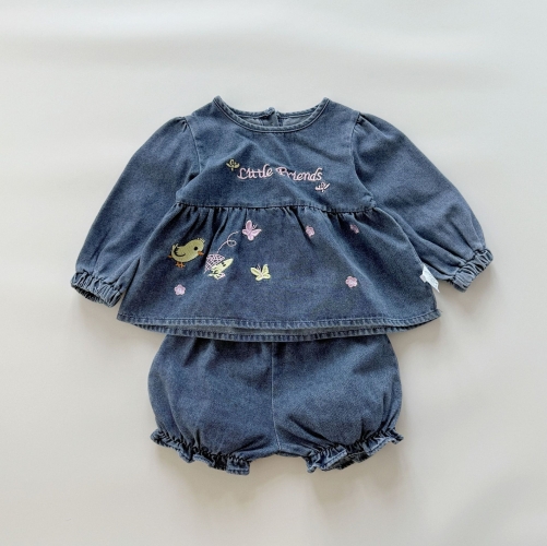Autumn Infant Baby Kids Girls Long Sleeves Embroidery Pattern Top and Plain Shorts Clothing Sets Wholesale
