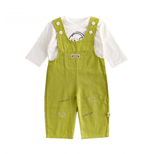 Autumn Infant Baby Kids Girls Long Sleeves Cartoon Top and Green Strap Overalls Clothing Sets Wholesale