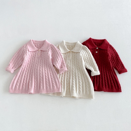 Winter and Autumn Infant Baby Girls Long Sleeves Turn-down Collar Knitted Dress Wholesale