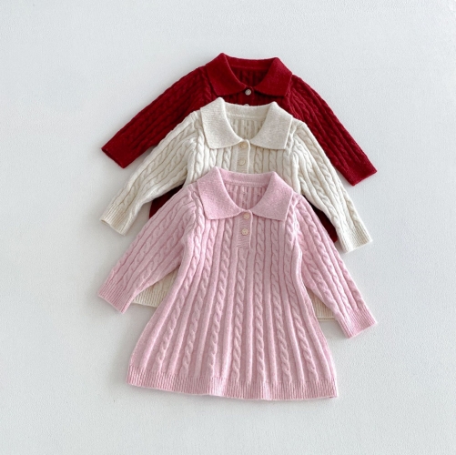 Winter and Autumn Infant Baby Girls Long Sleeves Turn-down Collar Knitted Dress Wholesale